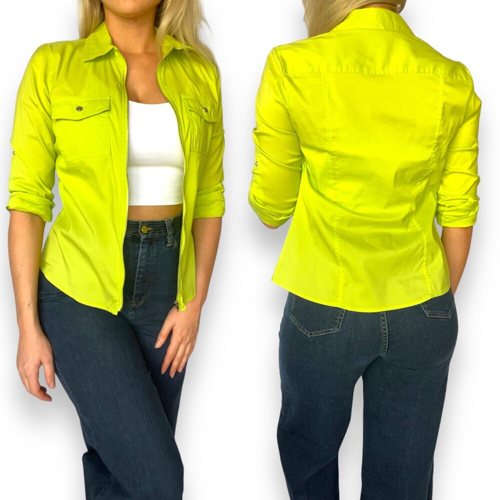 Retro Y2K Zip Up Long Sleeve Lime Green Chartreuse Gorpcore Blouse Summer Top